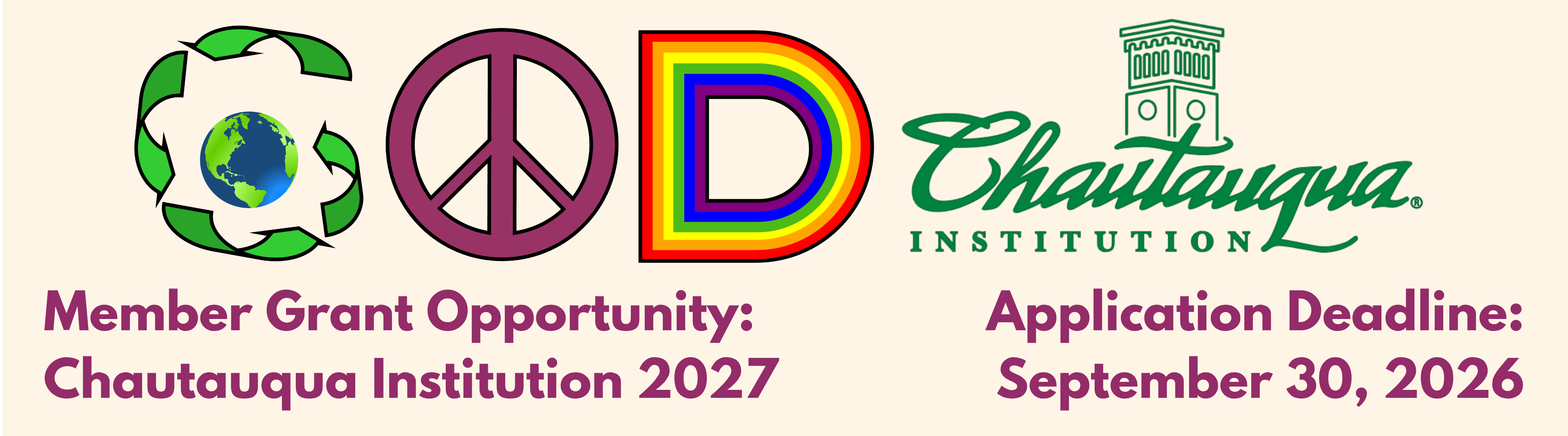 Banner for Member Grant Opportunity: Chautauqua Institution 2027. Application Deadline: September 30. Contains logos of First Congregational Church and Chautauqua Institution